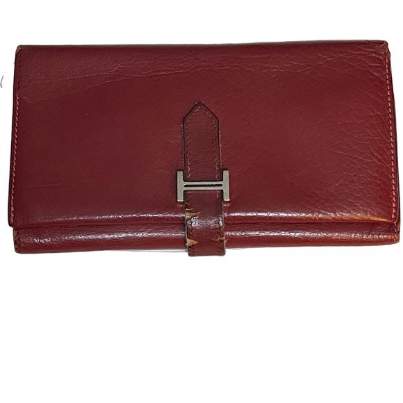 Hermès Dark Red Chevre Leather Long Bifold Bearn Wallet Authenticity Guarantee - Picture 1 of 16